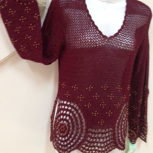 SISTERS Beaded Crochet Tunic , Size S, 100% Rayon, Burgundy NWOT